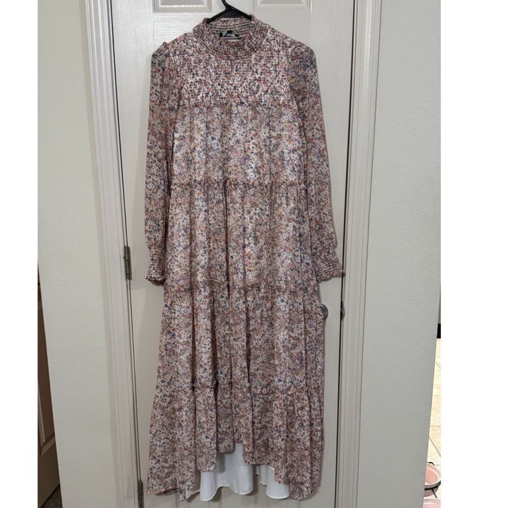1.STATE Smocked High Neck Floral Tiered Maxi Dress Long Sleeve Boho XS pb1